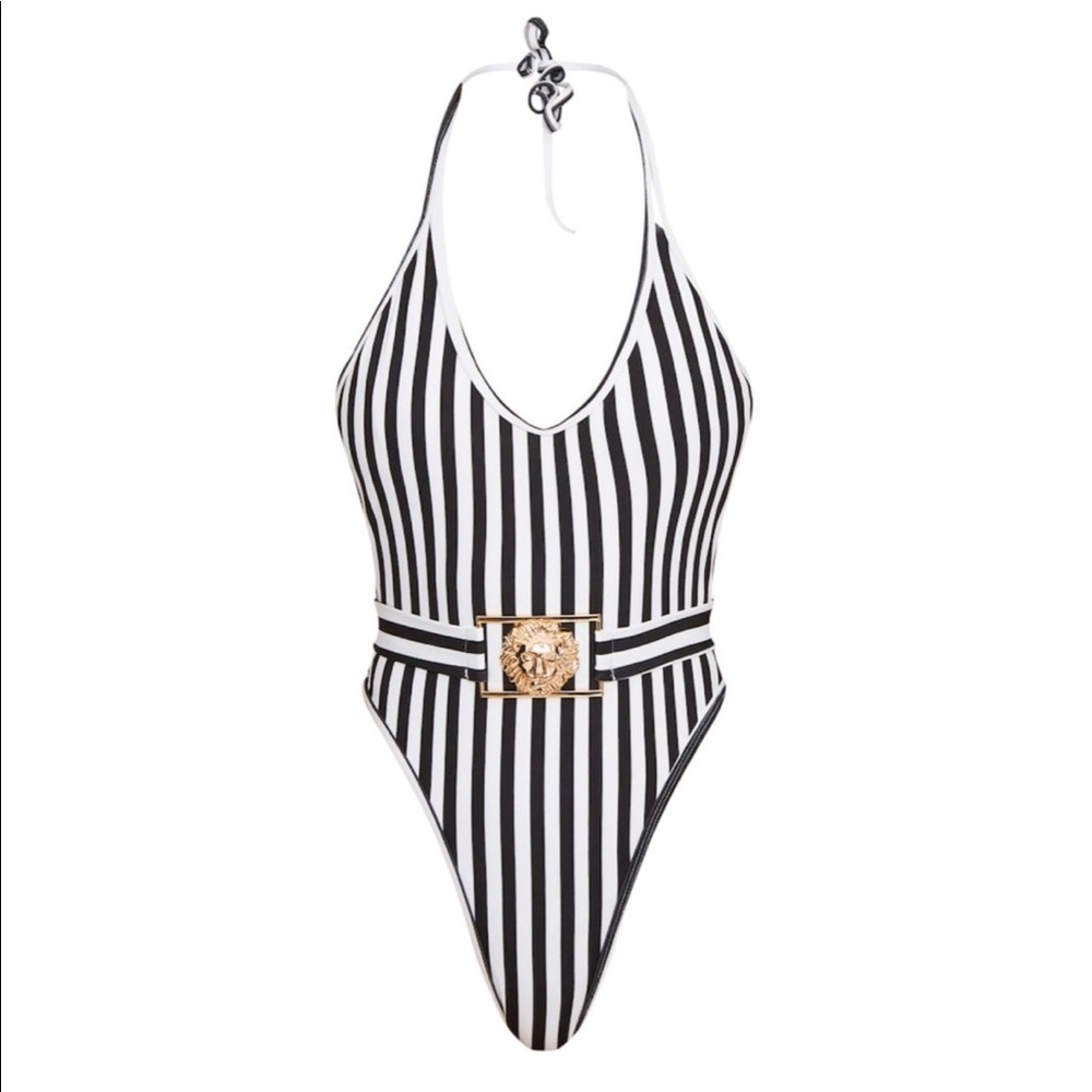 Black Mono Stripe Lion Belted Swimsuit